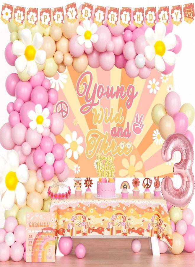 Fiesec Young Wild and Three Decorations Girl, 122 PCs Groovy Boho Daisy Hippie 3rd Birthday Party Decorations Backdrop Balloon Garland Banner Tablecloth Cake Cupcake Topper Headband Poster Retro Pink - Image 1